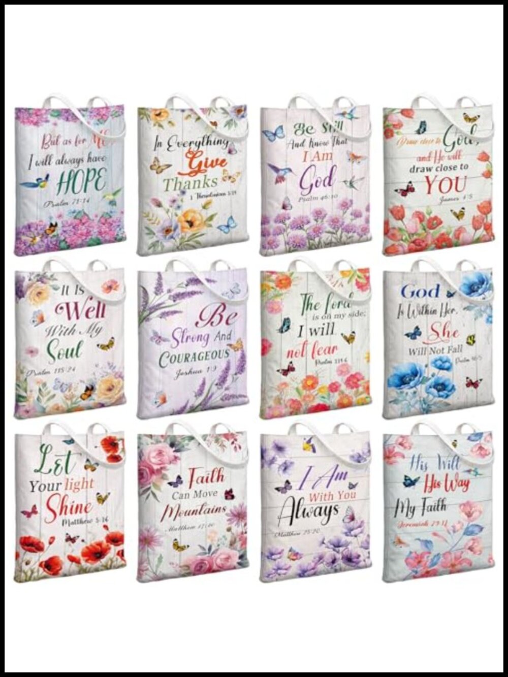 Canvas Tote Bag Set 12 Christian Bible Verse Floral Reusable Grocery Bags